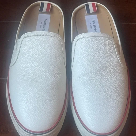 Thom Browne White Leather Slip-Ons with Red Trim - Picture 3 of 8